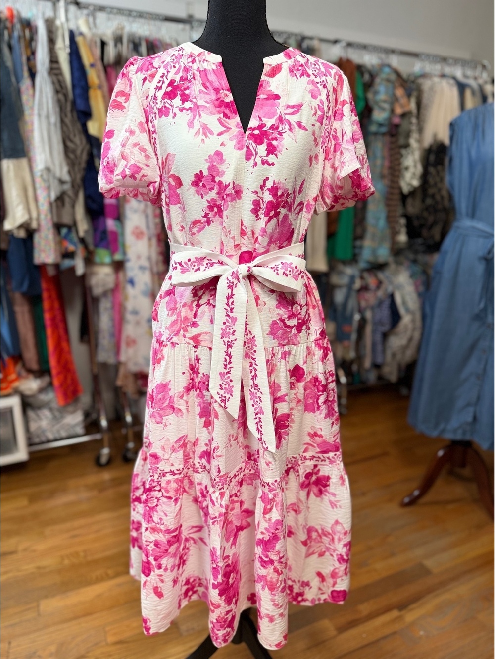 CURRENT AIR Pink Floral Belted Tiered Midi Dress NWT XS
